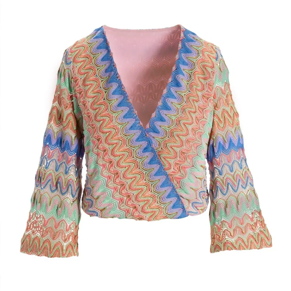 Boston Proper Color Surplice Flare Sleeve Boho Long Sleeve Blouse Size Large - Picture 8 of 8